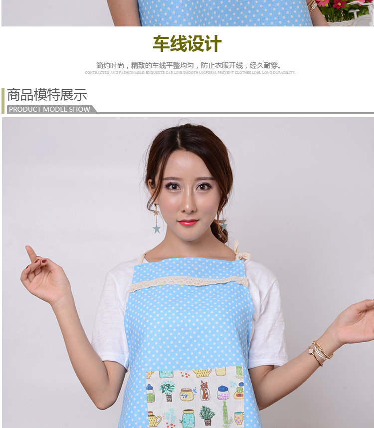 凡趣 圆点蕾丝棉麻围裙 时尚波点挂脖系带无袖居家围裙批发详情7