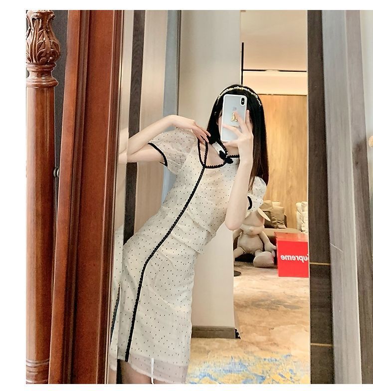 法式波点改良旗袍连衣裙洋气减龄高腰显瘦设计感可盐可甜裙子夏季详情8