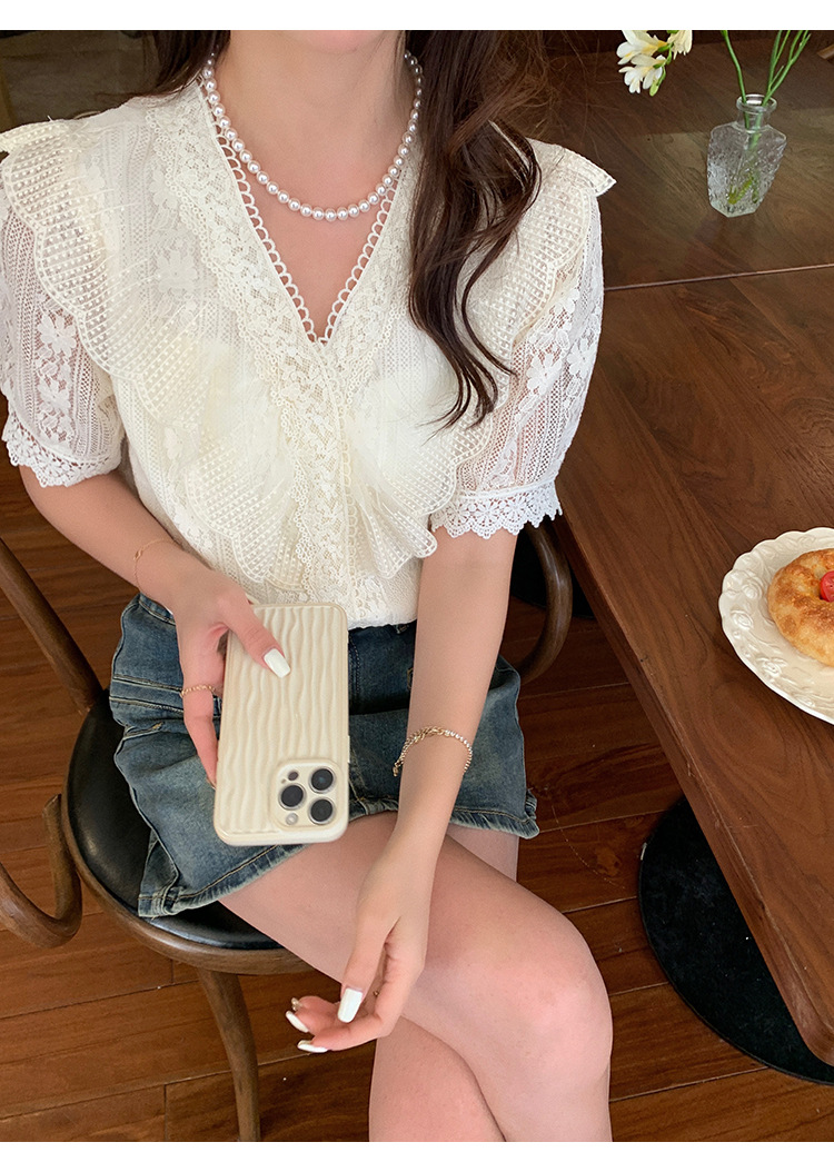 现货2024夏季新款韩版百搭短袖蕾丝衫女上衣夏详情6