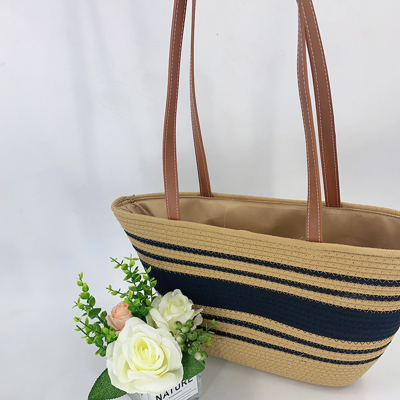 批发编织束口手提包复古休闲拼色手提夏季海边沙滩度假包女详情9