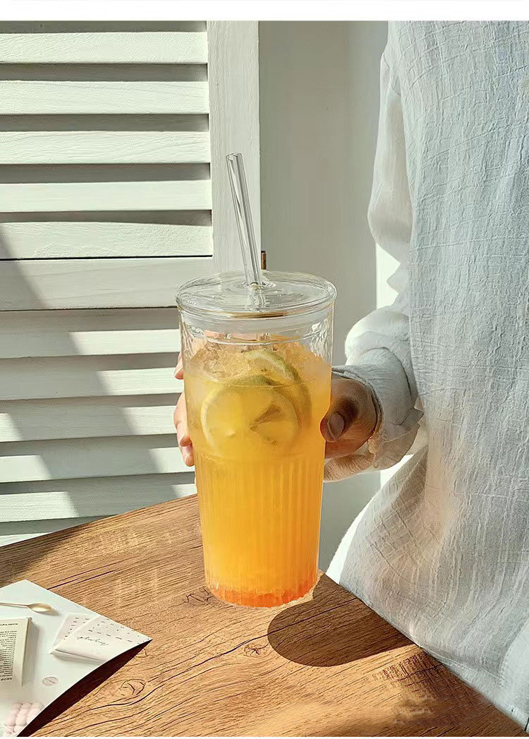 ins风竖条纹玻璃杯喝水杯子带盖高颜值家用牛奶杯夏季大容 量水杯详情4