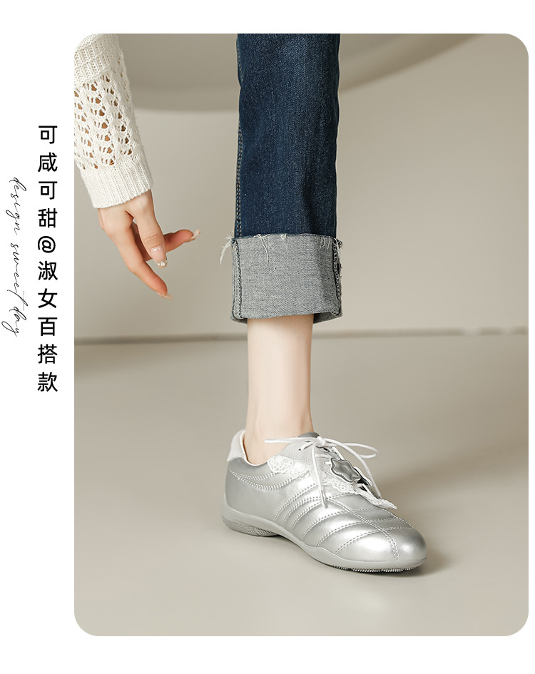 牛皮版2025春季新款银色斜带蕾丝边设计德训鞋舒适运动芭蕾舞女鞋详情5