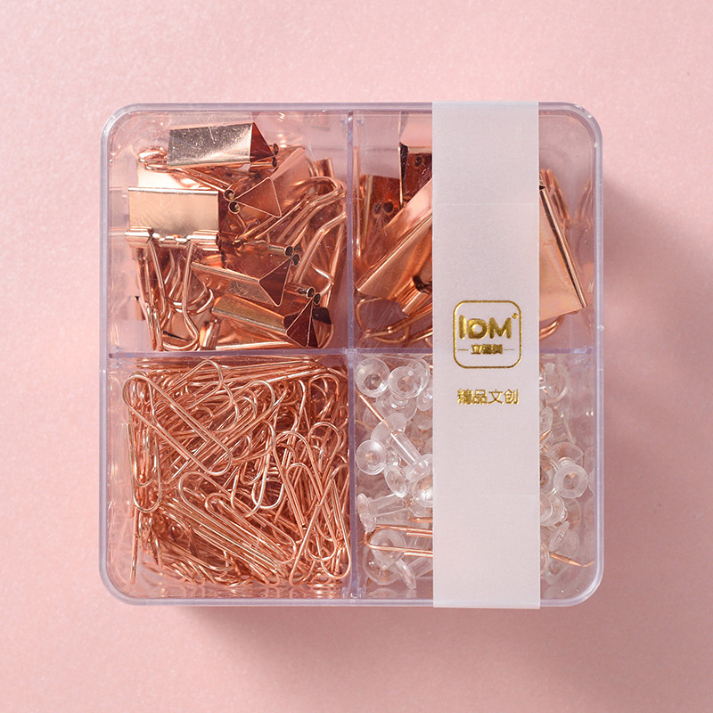 Cross-border supply of rose gold electroplated transparent thumbtacks, large and small long-tail clips, paperclip four-compartment boxes, creative office sets pic 8