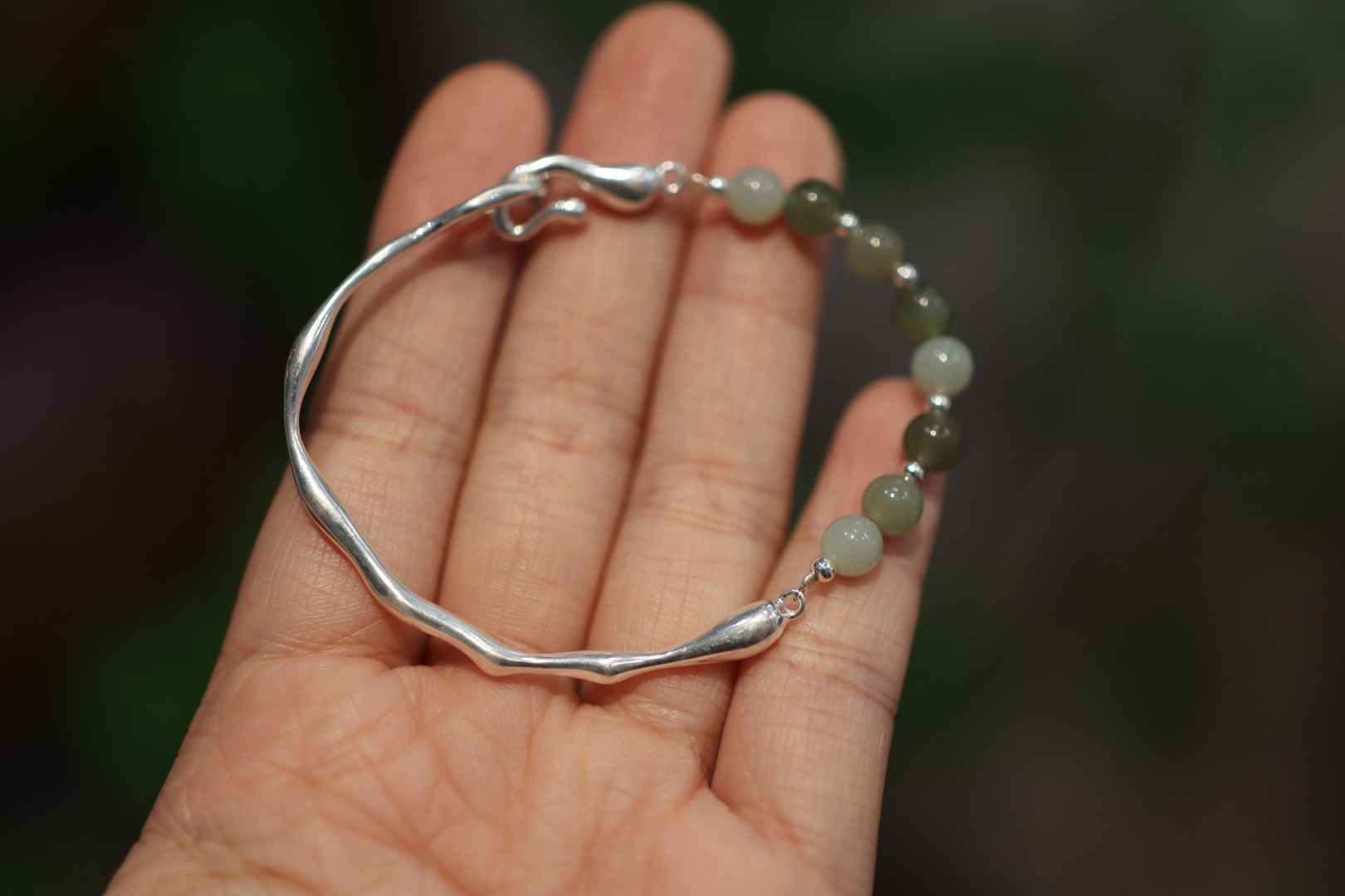 Natural Hetian jade bracelet S925, pure silver solid half bracelet, half bracelet, freshwater pearl bracelet, cold style girl pic 9