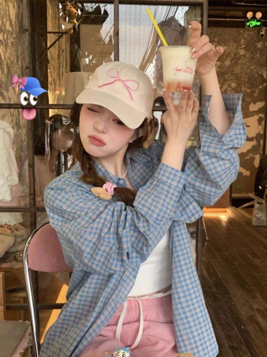 Blue checkered shirt top for women, 2024 new autumn style, light and laid-back casual loose shirt, sun-protective jacket pic 5