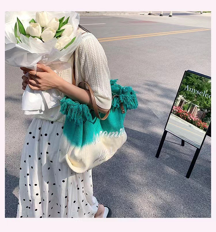 韩版春夏新款女包大容量帆布渐变编织流苏刺绣简约通勤百搭托特包详情10