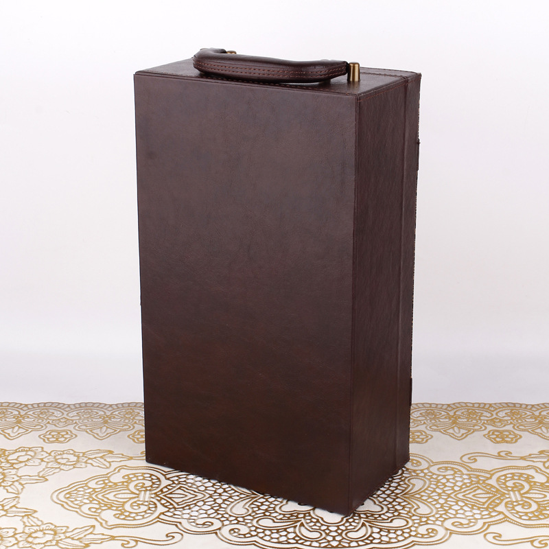 Double-bottle in-stock wine box, red wine leather box, wine box packaging, high-end single-bottle gift box, red wine box pic 3
