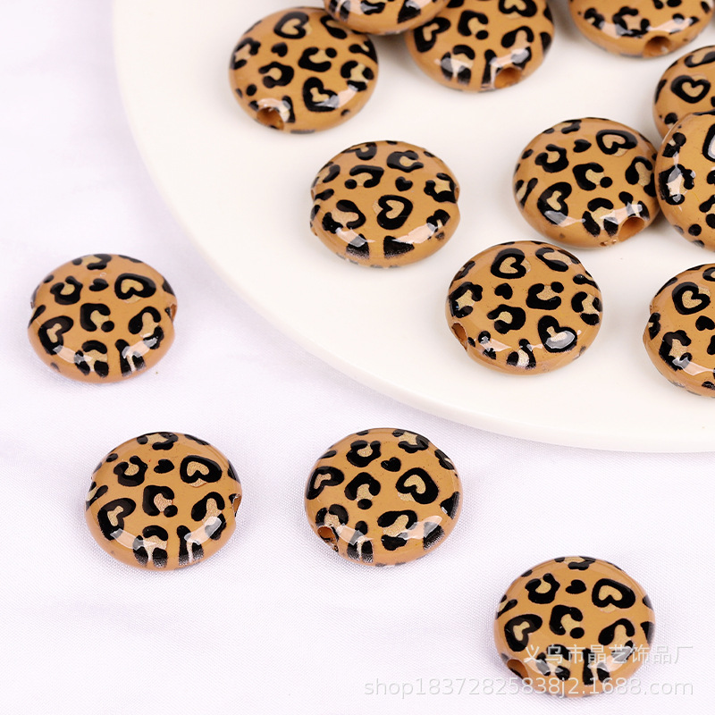 Retro and versatile flat round leopard print beaded perforated diy bracelet, necklace, head rope, shoe buckle accessory, resin accessory beads pic 6
