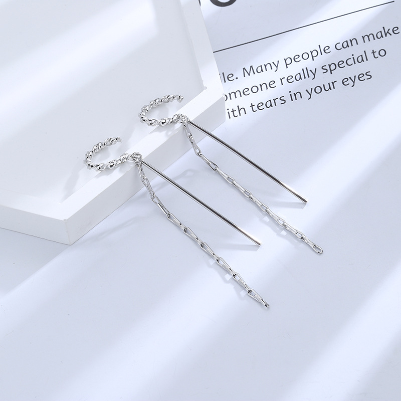 Long ear-clip-style earrings without ear piercings, simple and elegant for women, a niche European and American twisted long tassel ear-hanging bone clip pic 28