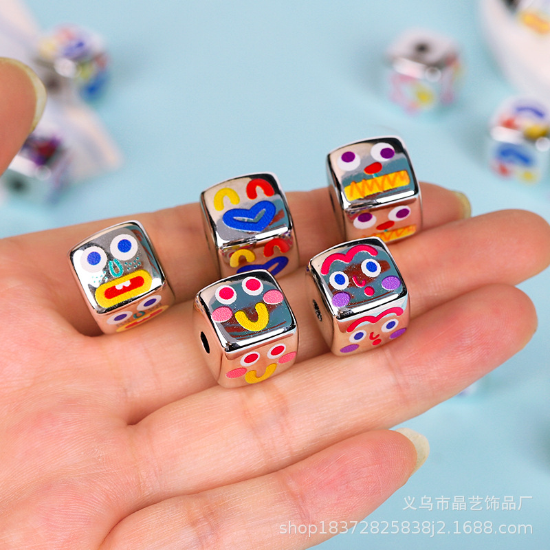 14mm bright silver square fun expression acrylic bead perforated diy hair tie hair accessory bracelet accessory pic 2