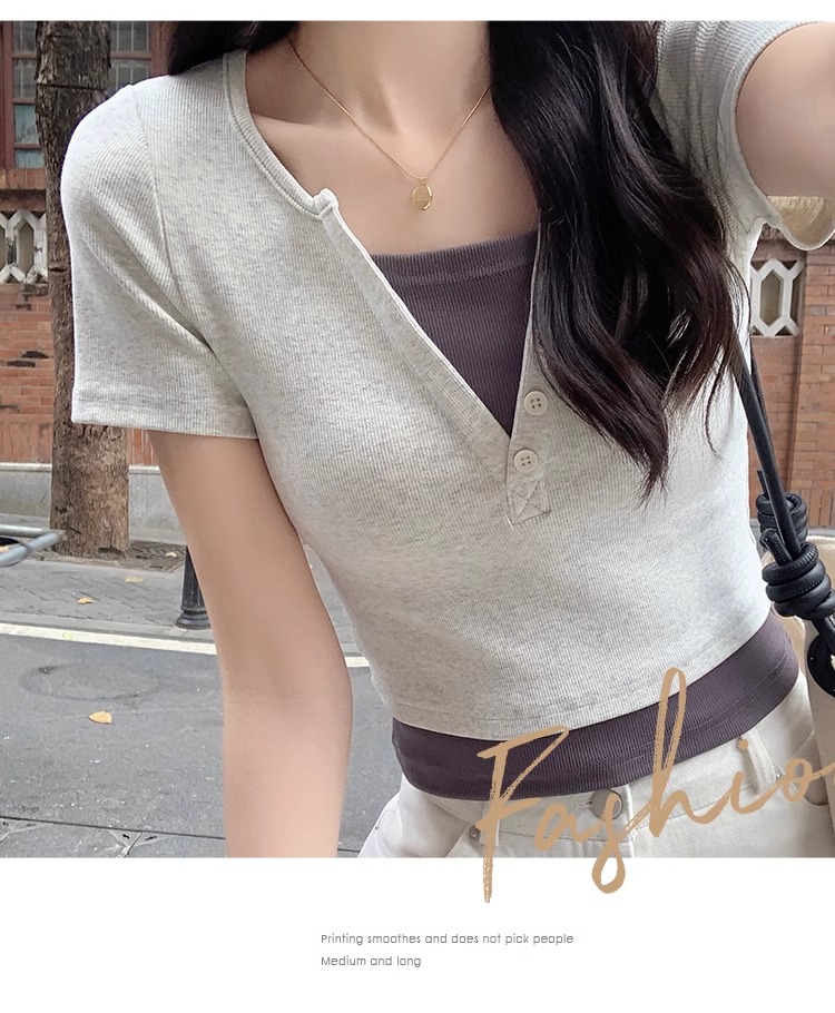 Pink V-neck off-the-shoulder T-shirt for women, short sleeve, new spring and summer style, two-piece design, slim and short, pure and sensual pic 44