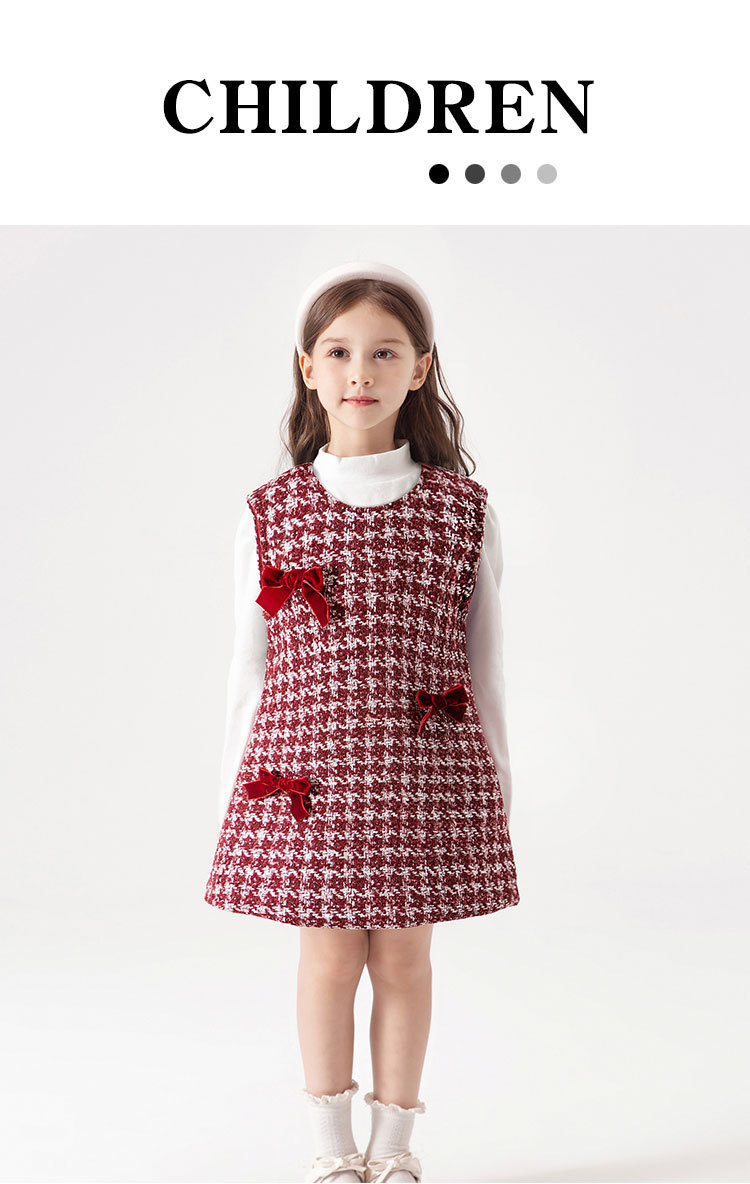 女童小香风连衣裙2024秋冬新款儿童圣诞节气质蝴蝶结加绒背心裙子详情6