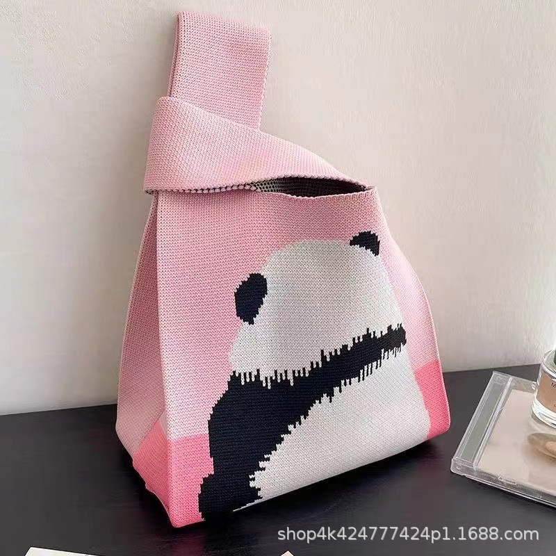 Bolso de panda lindo mujer de lana de punto bolsa de cubo versión japonesa y coreana 100 bolsos casuales bolsa de tote box lunch bag pic 12