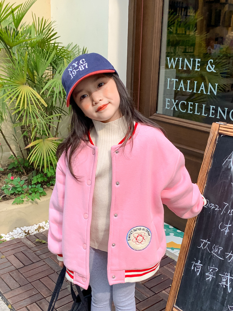TCkids2022AW Autumn/Winter Edition fleece thickened embroidered label pink baseball jacket pic 15
