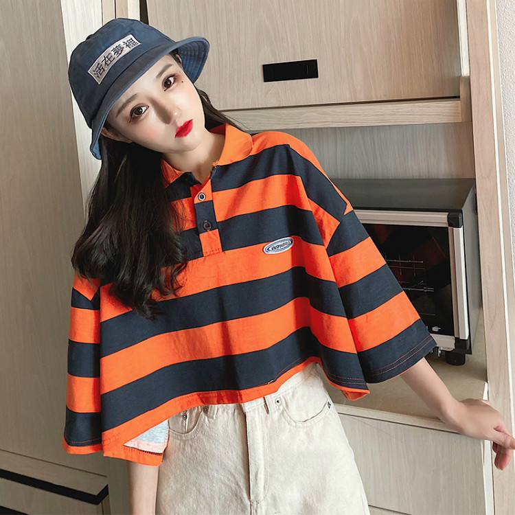 Real photos of Japanese-style retro polo shirts for women in summer, short-sleeved loose Hong Kong-style half-sleeved T-shirts, and summer tops pic 14