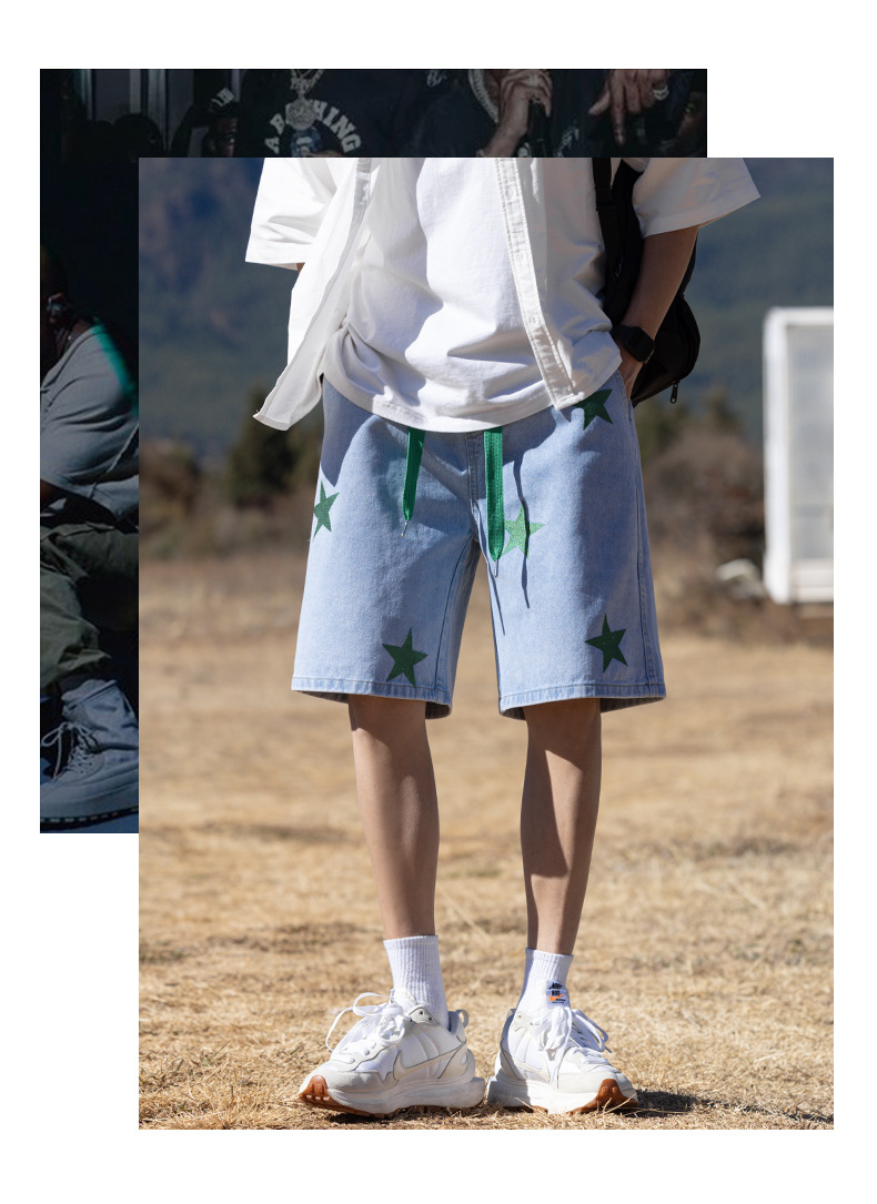 2024夏季新款牛仔短裤男浅蓝色松紧腰休闲裤潮牌百搭学生运动裤子详情18