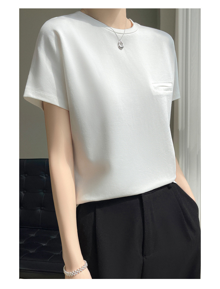 夏季丝光棉纯色短袖女简约设计感口袋圆领T恤宽松时尚百搭上衣详情15