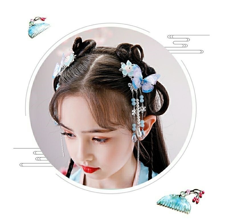 中国风儿童头饰套装女童汉服发夹古风发卡步摇超仙流苏蝴蝶发饰详情14