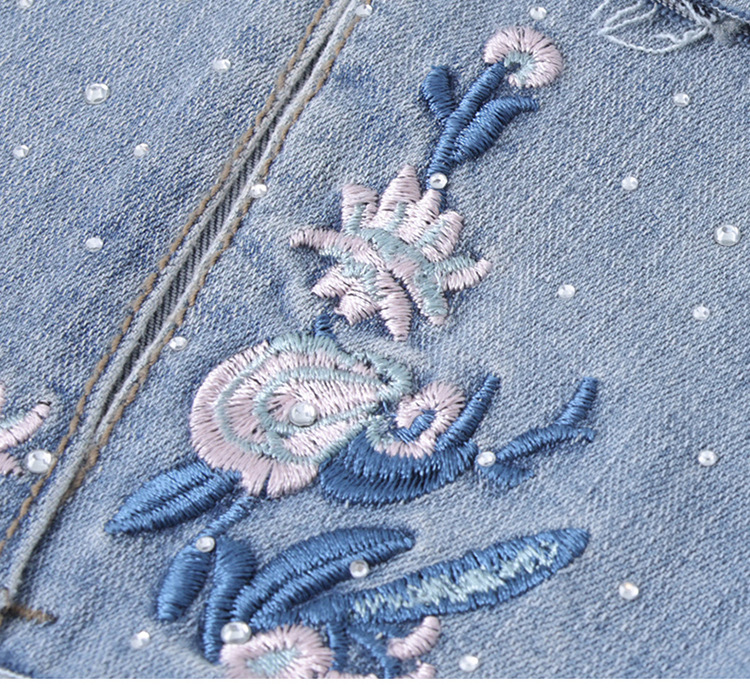 新中式刺绣牛仔微喇裤女夏季新款高腰修身显瘦弹力开叉毛边喇叭裤详情20