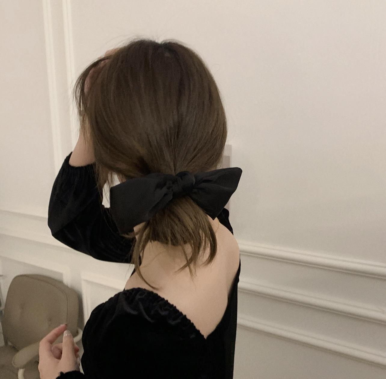 Black bow headpiece, satin large intestine ring, hair band at the back of the head, high-elasticity hair tie, ribbon hair accessory, female summer pic 16