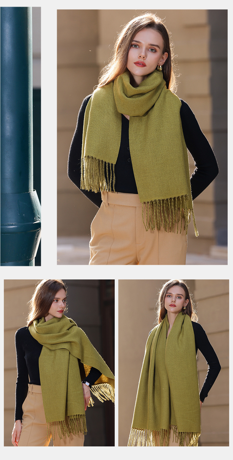 The 2023 new double-sided solid color macaron scarf for women is a bestseller in winter. It is fashionable and warm with faux cashmere tassels. Wholesale pic 28