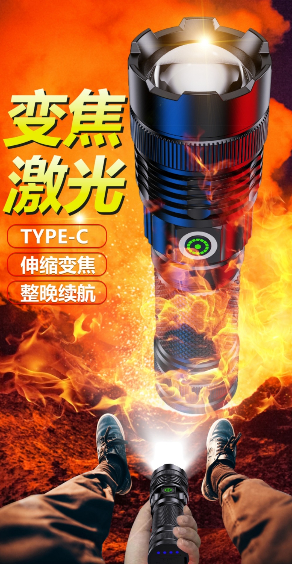 跨境白激光手电筒华为数显强光户外充电超亮战术手电筒变焦远射详情1