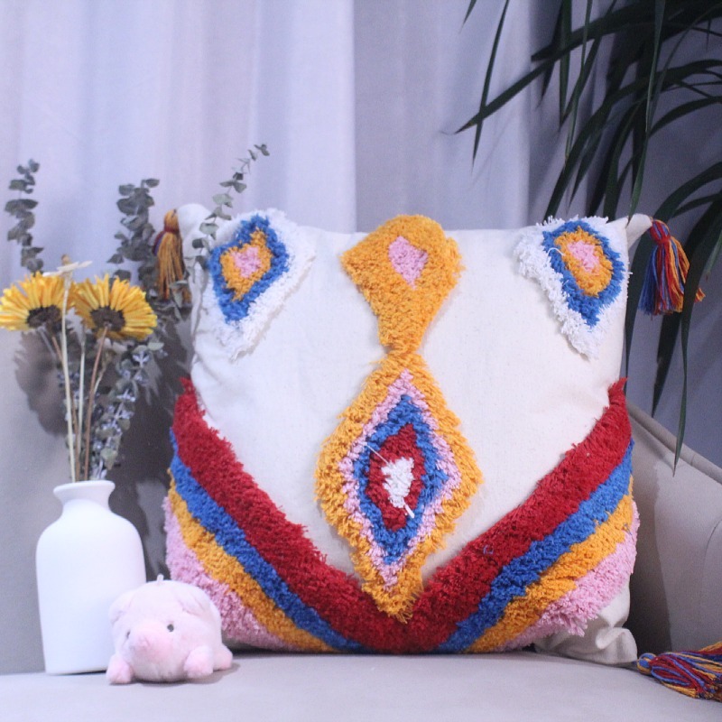 Cotton tassel pom-pom embroidery plush cushion cover, tassel pillowcase, light luxury sofa, Moroccan tufted wholesale pic 19