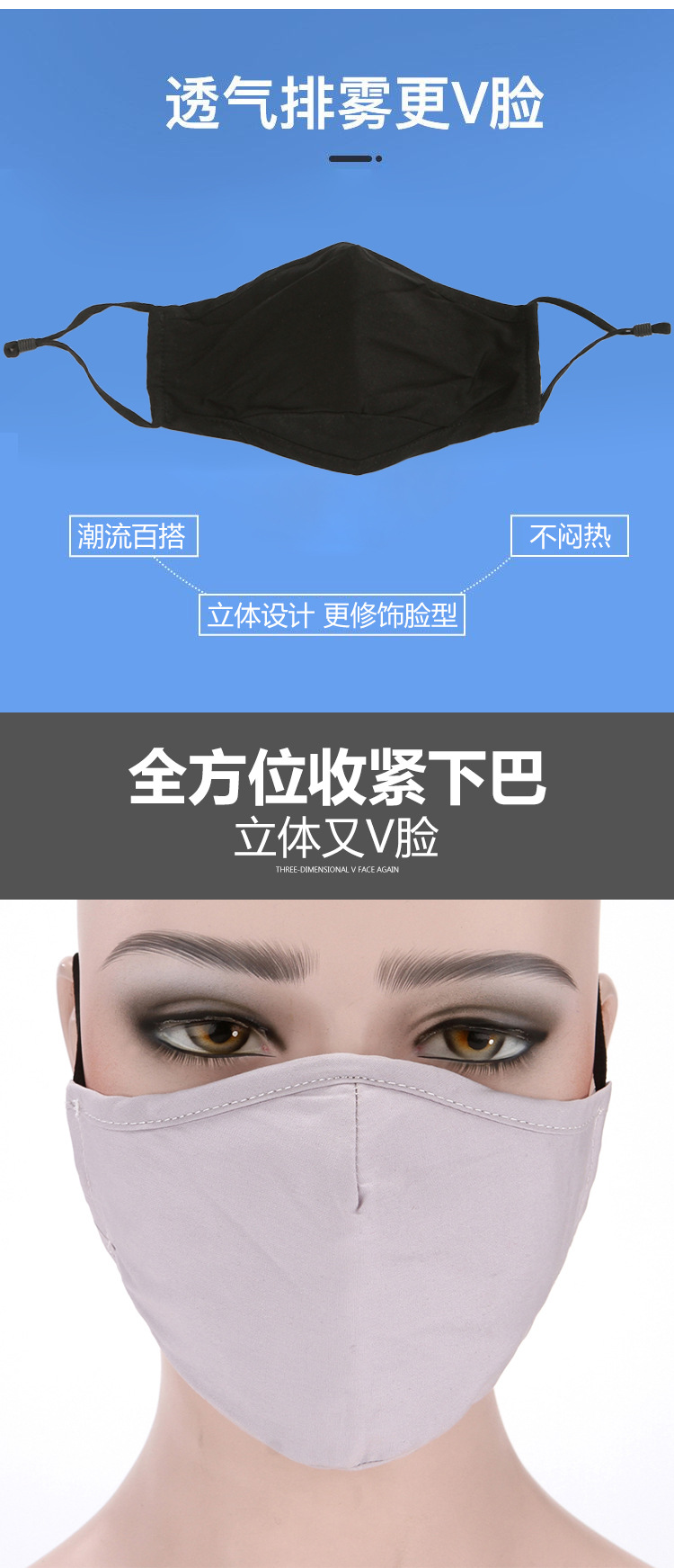 Sun-protective, warm, three-dimensional dust-proof fabric masks, pure cotton masks washed with water, printed black masks, individual packaging wholesale pic 2