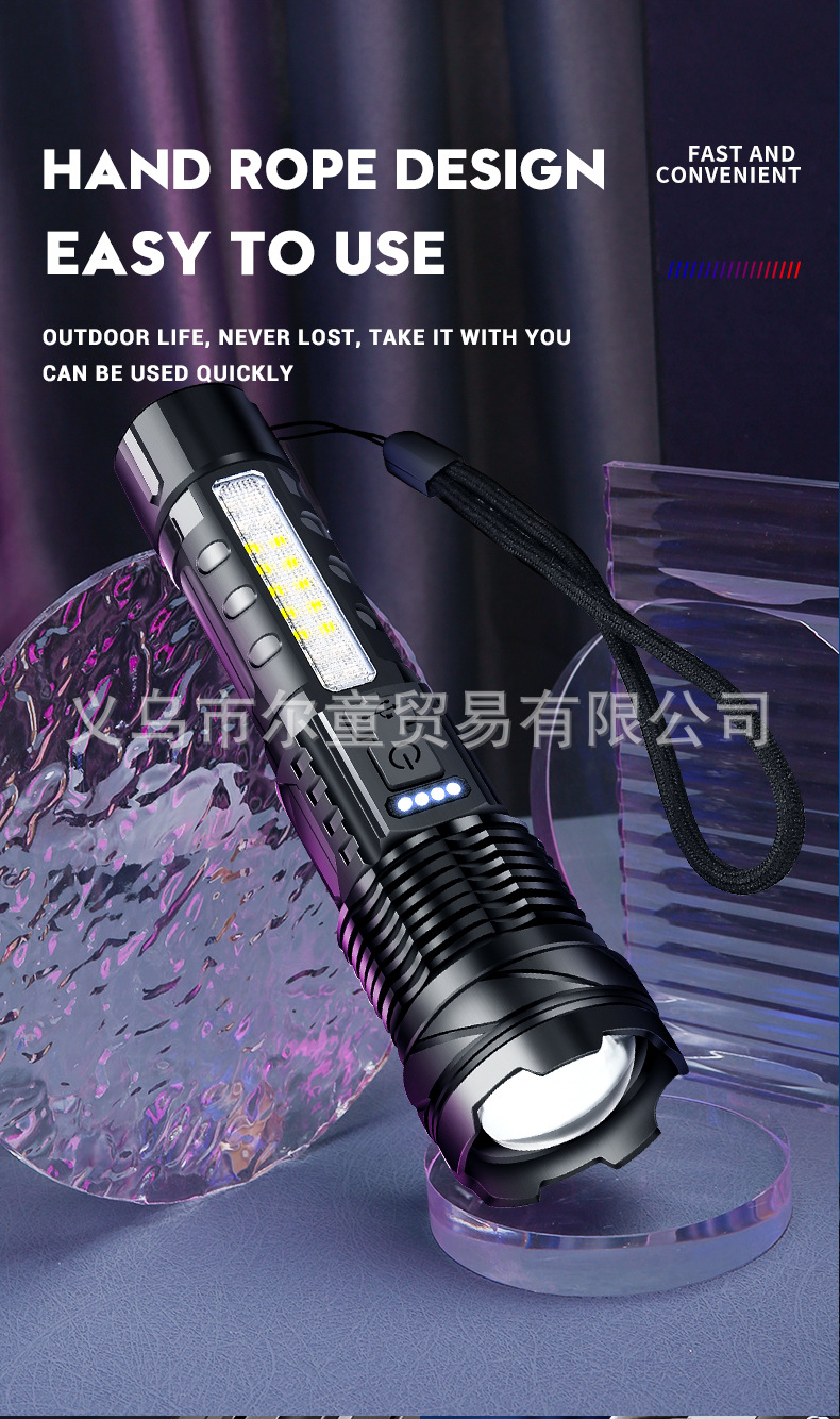 New white laser flashlight with telescopic zoom, USB charging, power display, outdoor lighting, COB side light and strong light pic 10