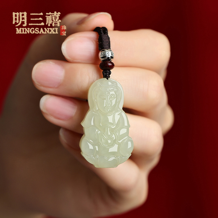Natural Afghan jade Guanyin and Buddha couple white jade Guanyin necklace, Laughing Buddha jade imitation Hetian jade pendant pic 4