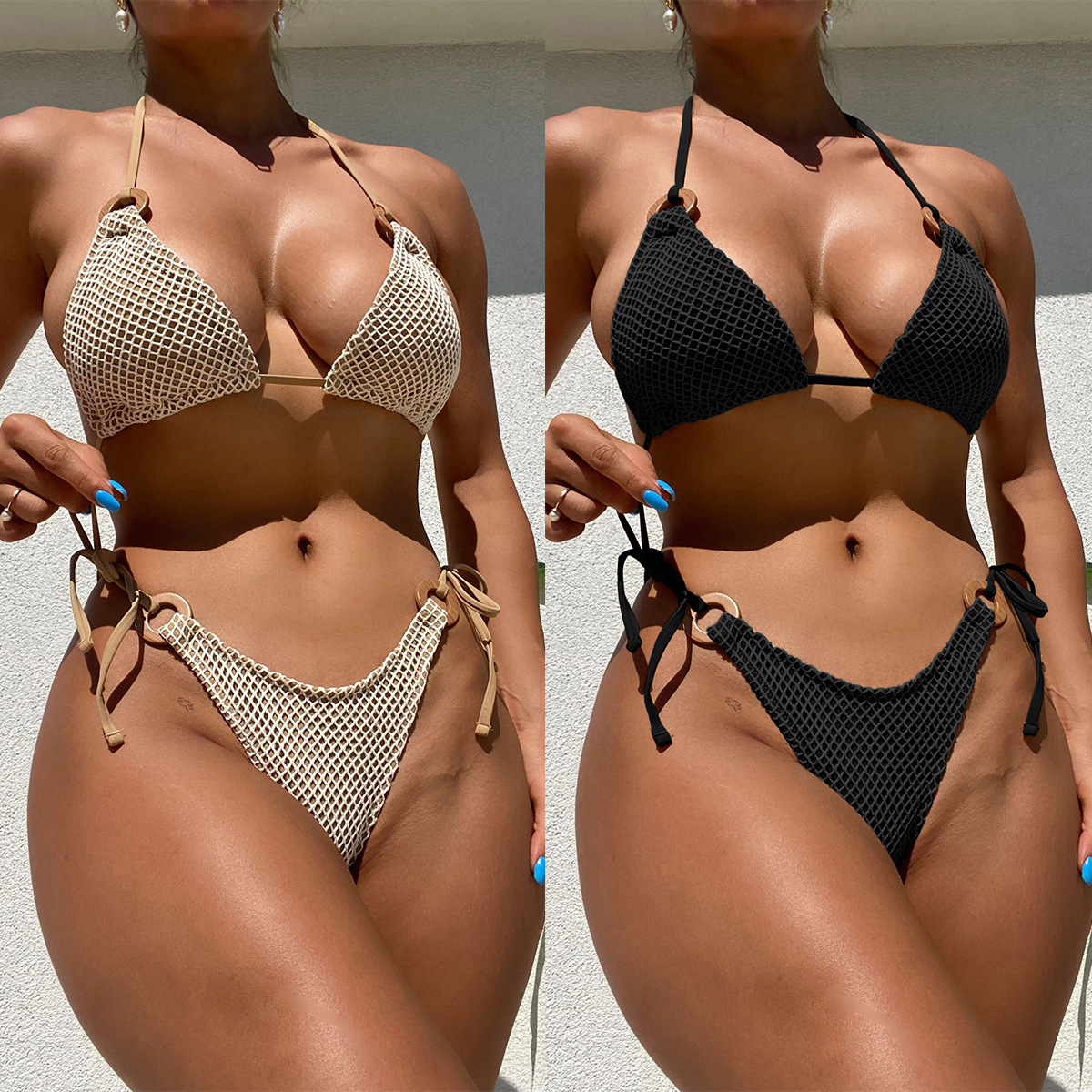 2023外贸新款分体比基尼特殊面料性感纯色绑绳沙滩女士bikini详情1
