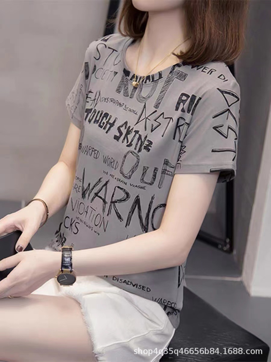 跨境外贸夏季新款韩版女装短袖t恤女式宽松大码印花t上衣地摊批发详情30