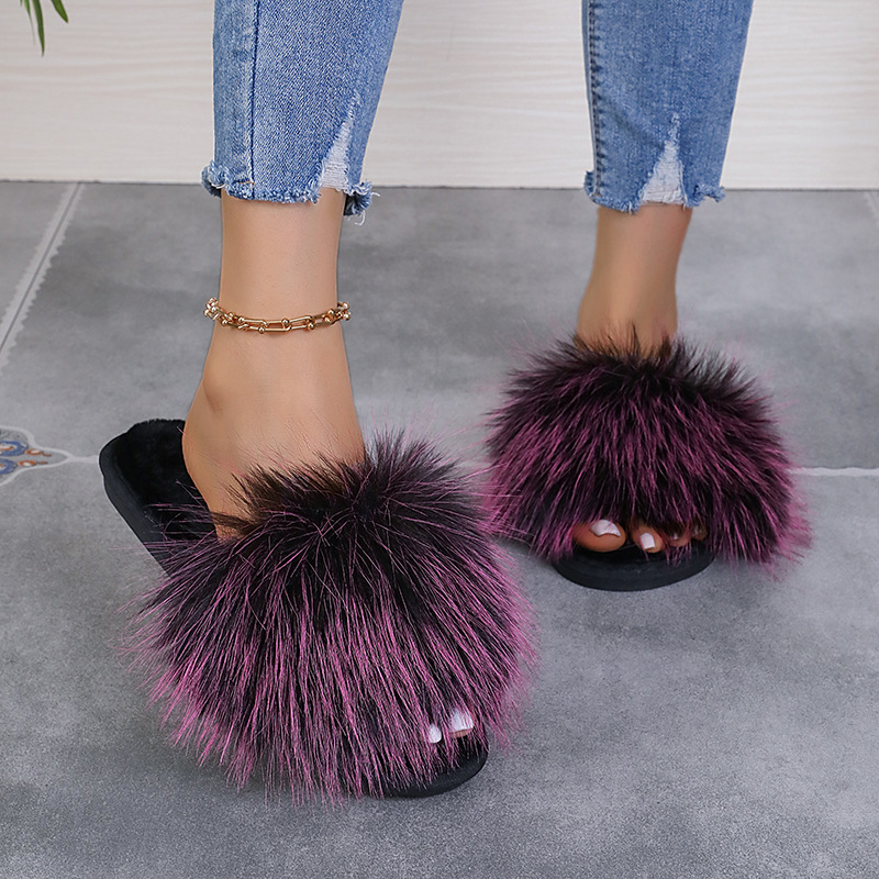 2024新款长毛绒拼色平底毛毛拖鞋女秋冬居家室内地板拖外贸一字拖详情26