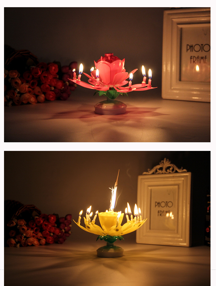 厂家热卖双层旋转音乐蜡烛荷花开花生日旋转莲花蜡烛14支彩色蜡烛详情8