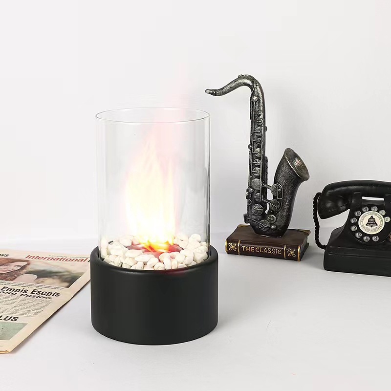 Glass-decorated alcohol fireplace table lamp, indoor and outdoor real fire creative round bar atmosphere light, portable lamp pic 1