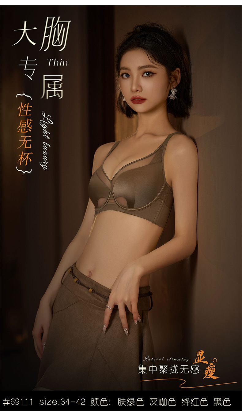 69111薄款大码缎面聚拢网纱透气无杯调整型内衣软钢圈收副乳文胸详情5