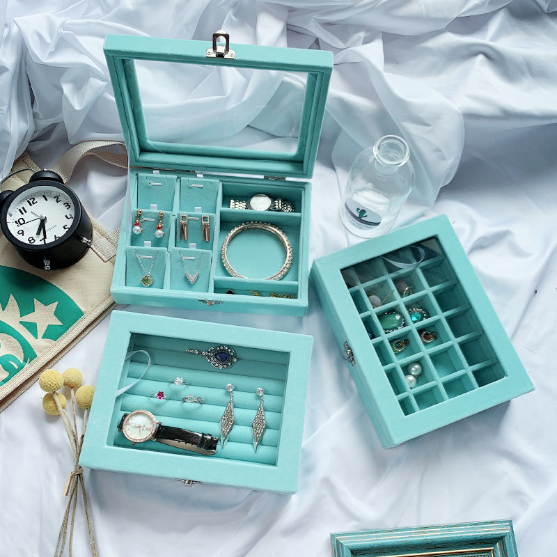 Jinqi 9-grid flocking jewelry storage, transparent cover, jewelry display tray, necklace, stud earrings, ring accessories, wooden box pic 15