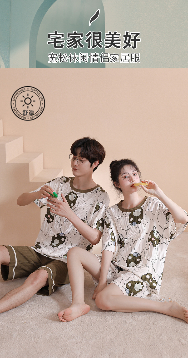 Novedades pareja manga corta pantalones cortos pijamas mujer verano slim algodón peinado hombre traje de hogar suelto casual cartoon pic 84