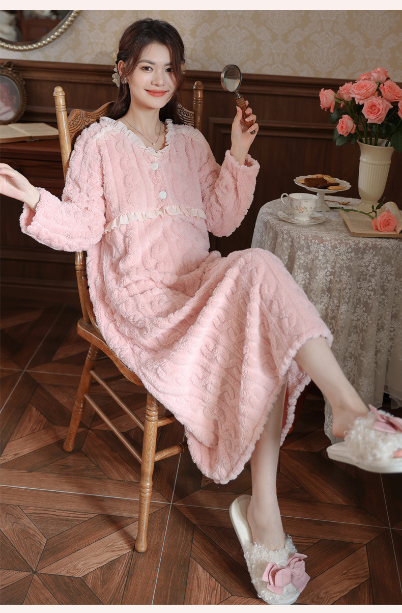长袖加绒睡裙女冬加厚保暖双面法兰绒珊瑚绒长款家居服可外穿睡衣详情19