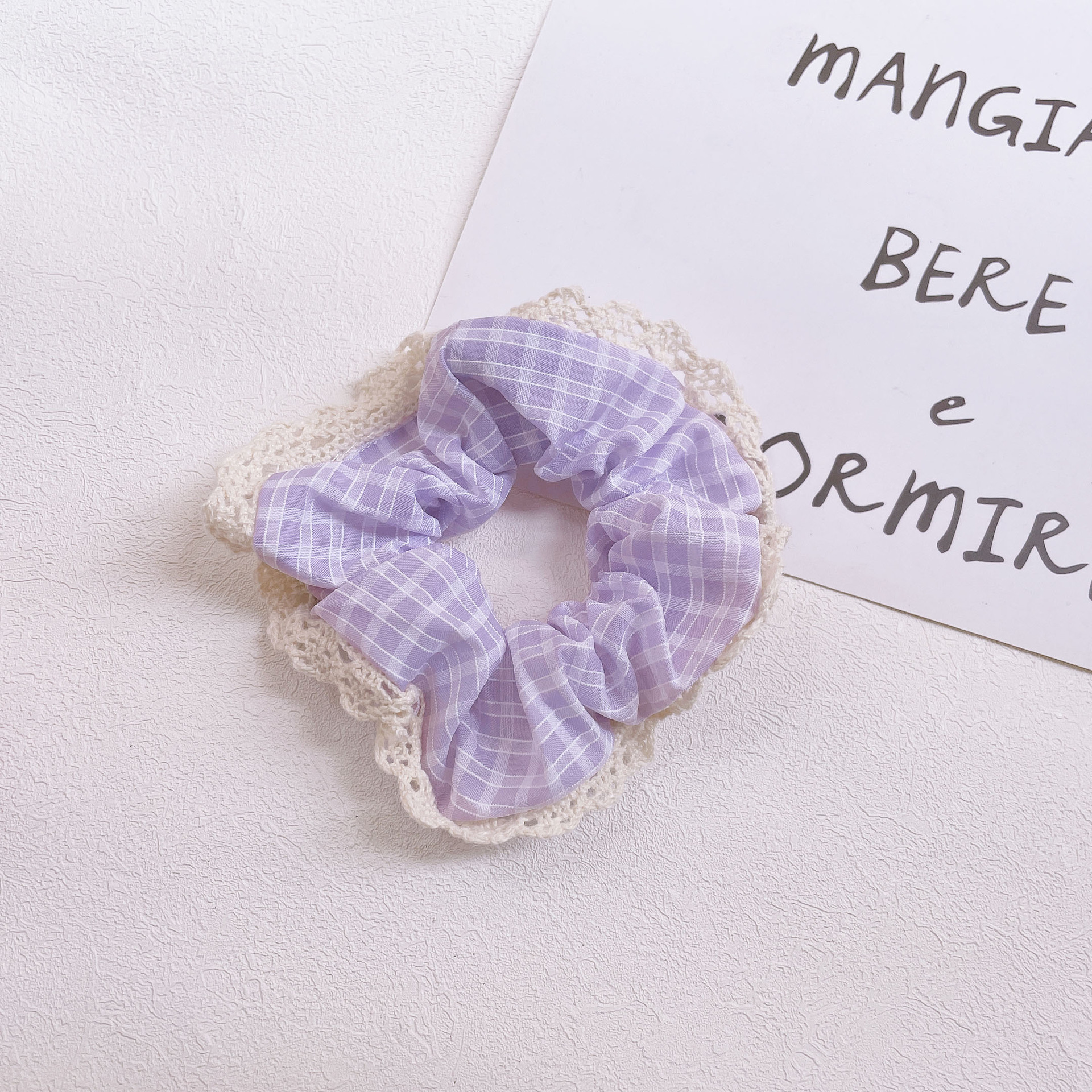 Summer fresh and cute checkered large intestine circle, Japanese girlish sweet lace edge simple bun hair tie pic 9