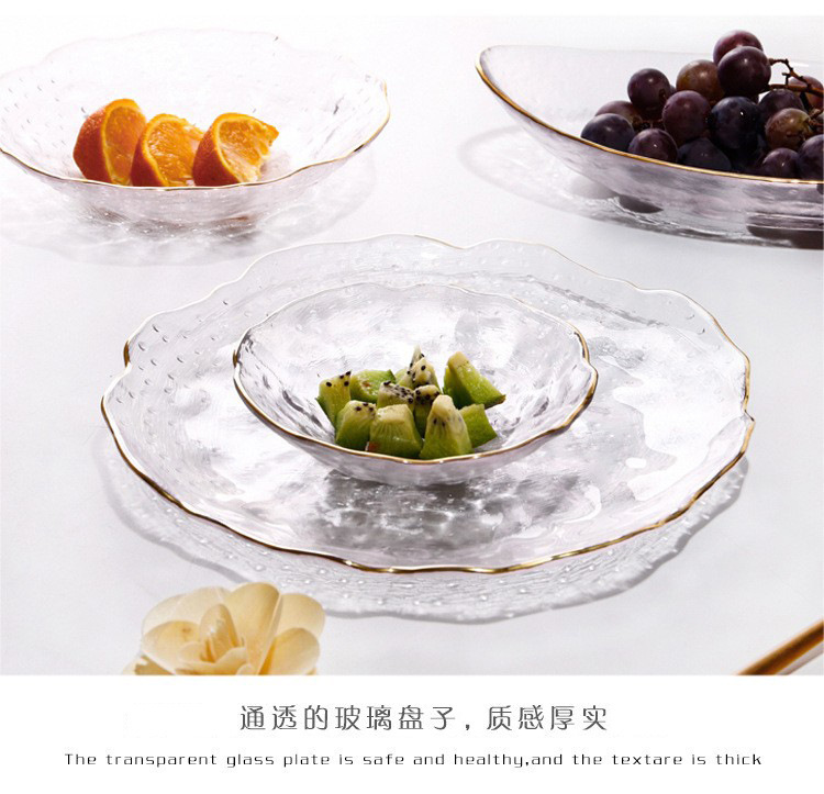创意日式不规则锤纹玻璃盘金边手绘透明西餐盘水果盘子沙拉碗餐具详情7