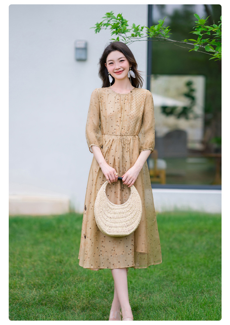 荣太设计师定染黑桃印花真丝连衣裙女拼接欧根纱桑蚕丝裙子系带详情23