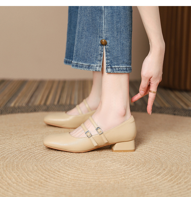 The new 2024 Spring/autumn collection of Mary Jane shoes, featuring a stylish square-toed one-shoulder style, is made of genuine leather with a shallow opening, thick mid-heel, and is a wedding shoe pic 37