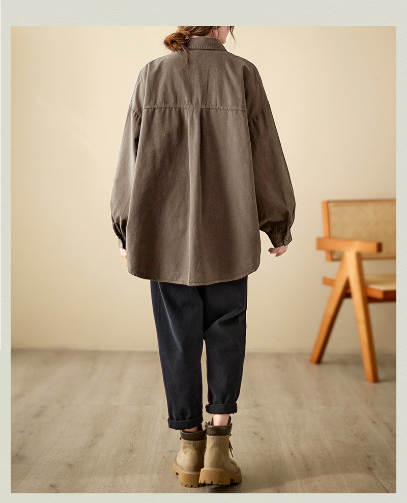 4色入纯色翻领长袖衬衫外套女宽松2024秋季新款文艺大口袋衬衣潮详情26