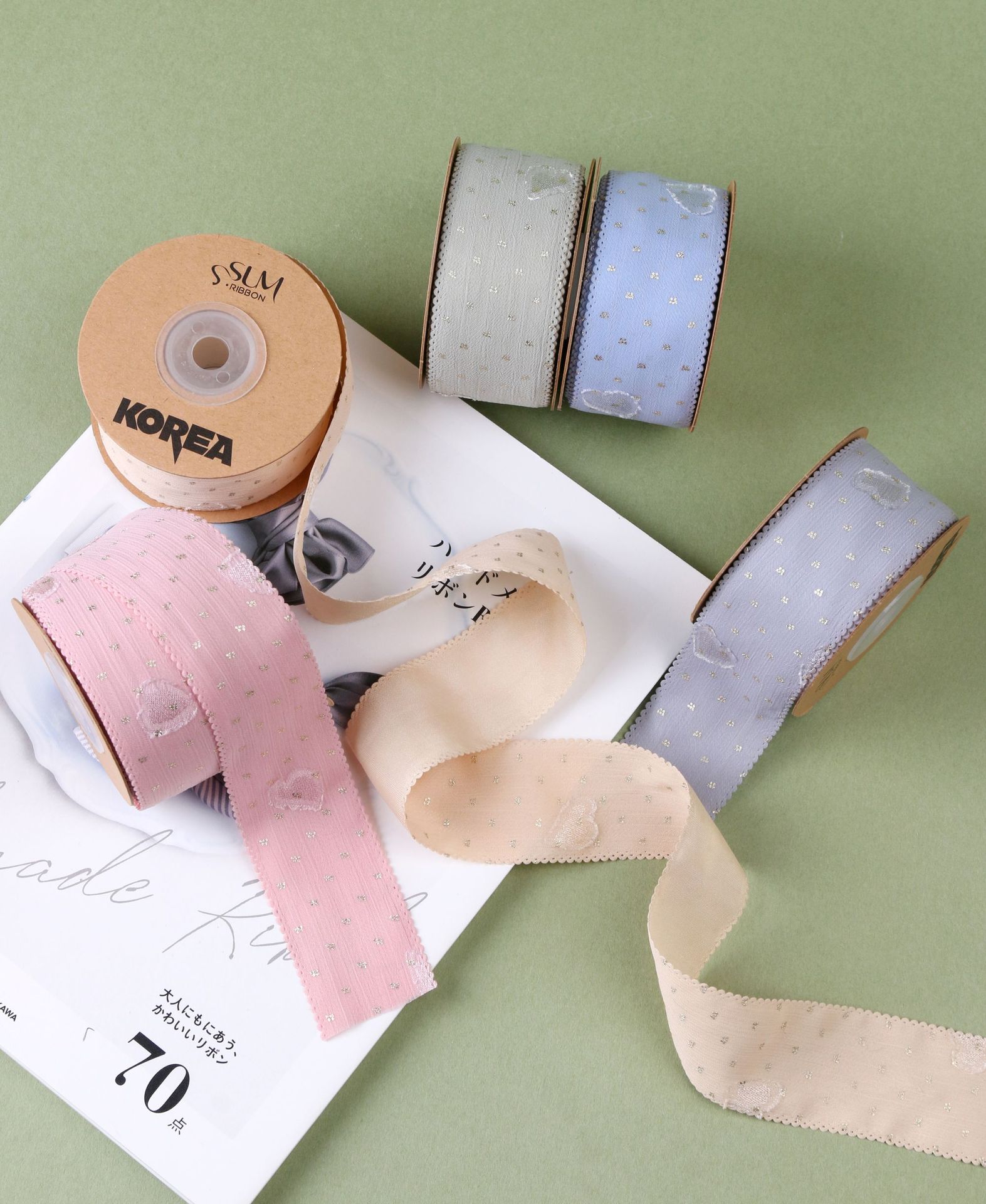 Korean-style double-layer gilded dot heart-shaped snow gauze ribbon, DIY bow hair accessory, bow tie, sleeve, top hat and other accessories pic 5