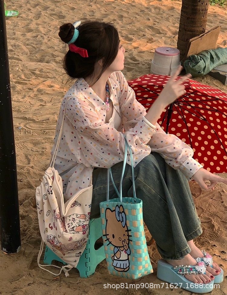 Korean chic colorful polka dot slit tie sun-protective shirt for women, lapel loose casual long-sleeved shirt for women pic 10