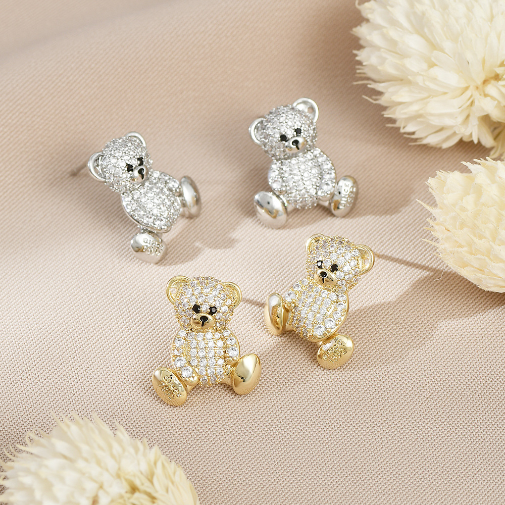 原创设计师系列S925银针气质泰迪熊耳钉女高级感满钻小熊耳饰耳环详情8