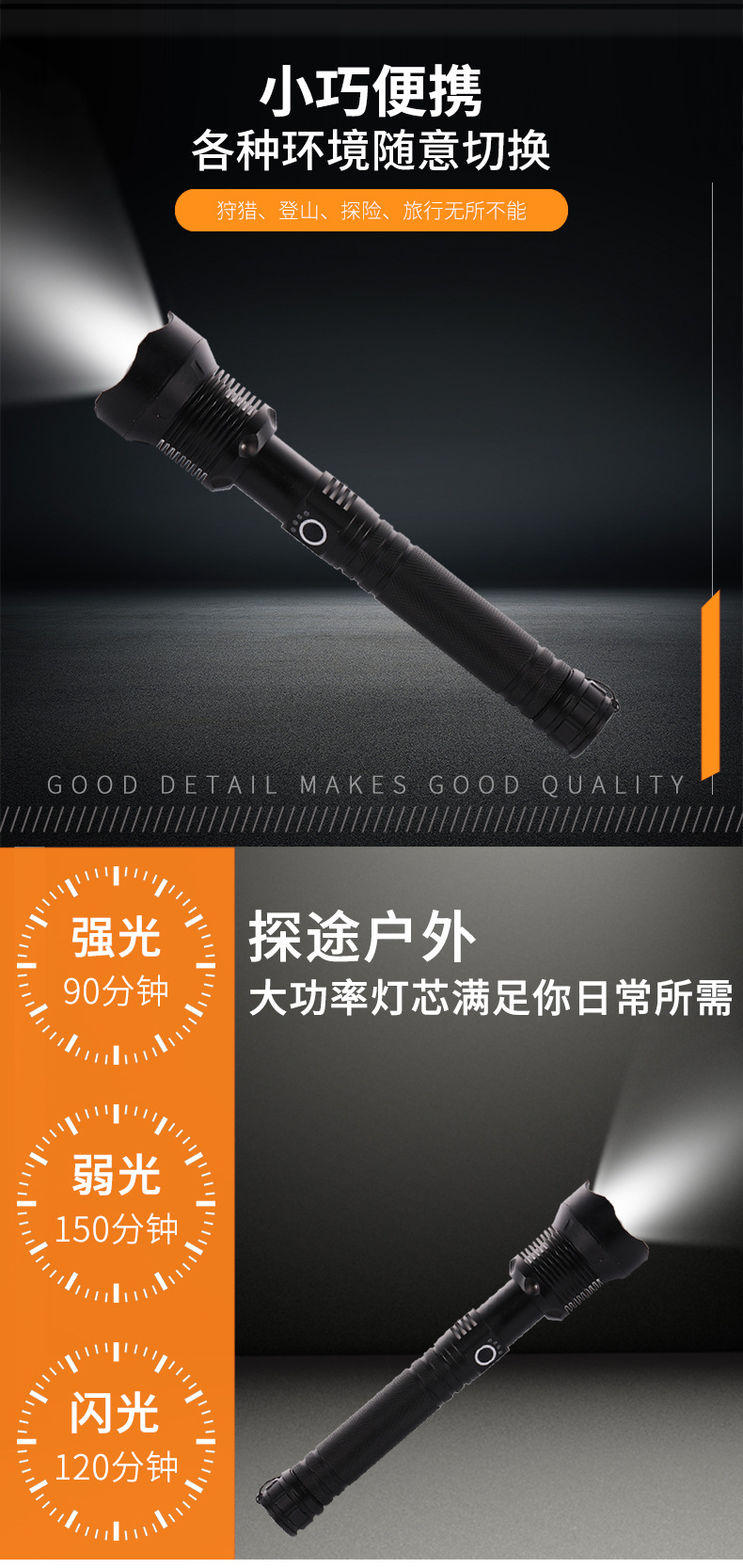 Cross-border bestsellers: P50 high-power LED aluminum alloy flashlight, P70 USB rechargeable flashlight for outdoor use pic 4