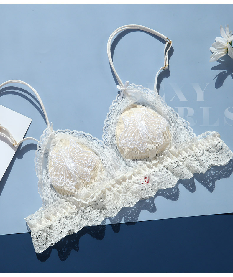 Soft and cute style, soft bra, sweet lace mesh, butterfly embroidery underwear, anti-protruding triangular cup bra set pic 3