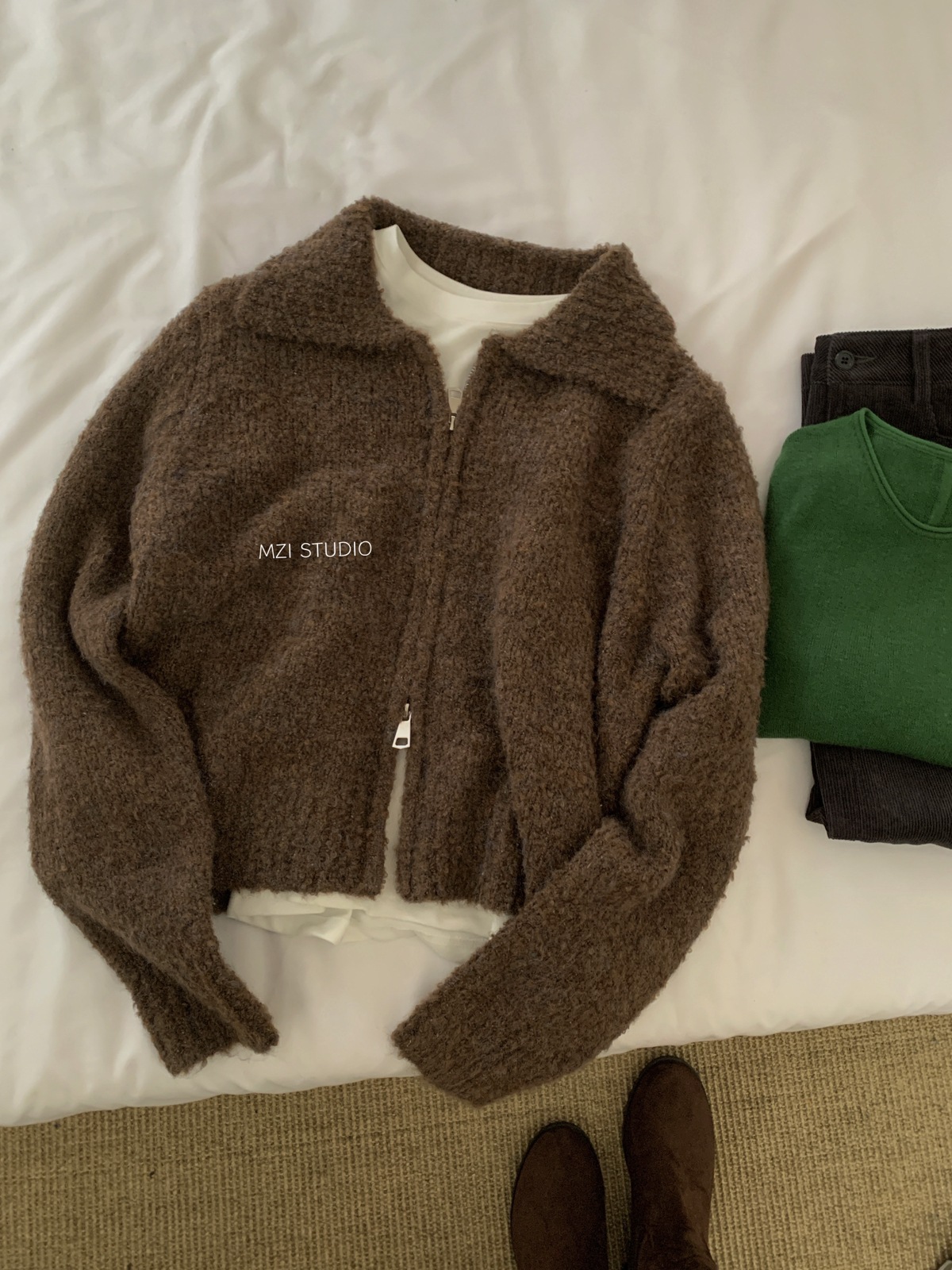 M.ZI秋冬韩系减龄羊毛混纺针织开衫慵懒风休闲宽松拉链毛衣外套女详情14